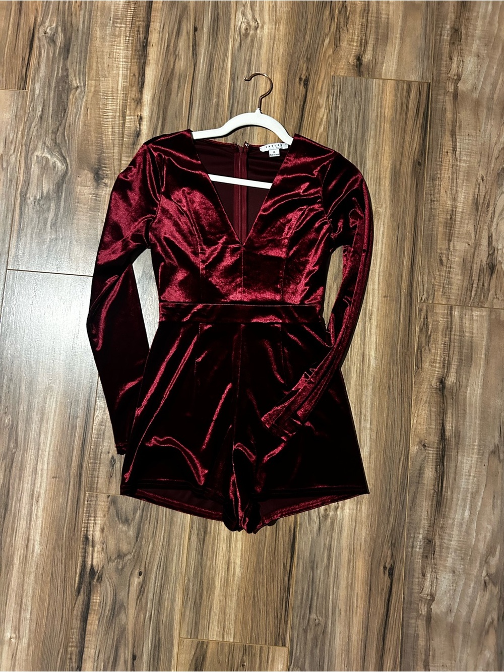 FAVLUX Shiny Velvet V-Neck Romper in Burgundy
